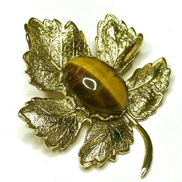 Vintage Brooch Maple Leaf Genuine Tigers Eye Gemstone Vtg Jewelry F023 - Picture 3 of 5